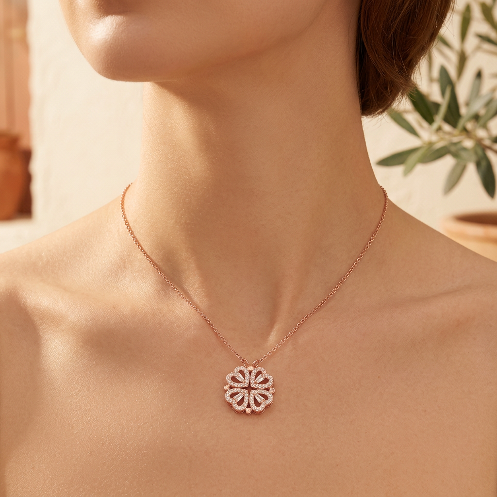Four Leaf Folding Clover Necklace in Silver