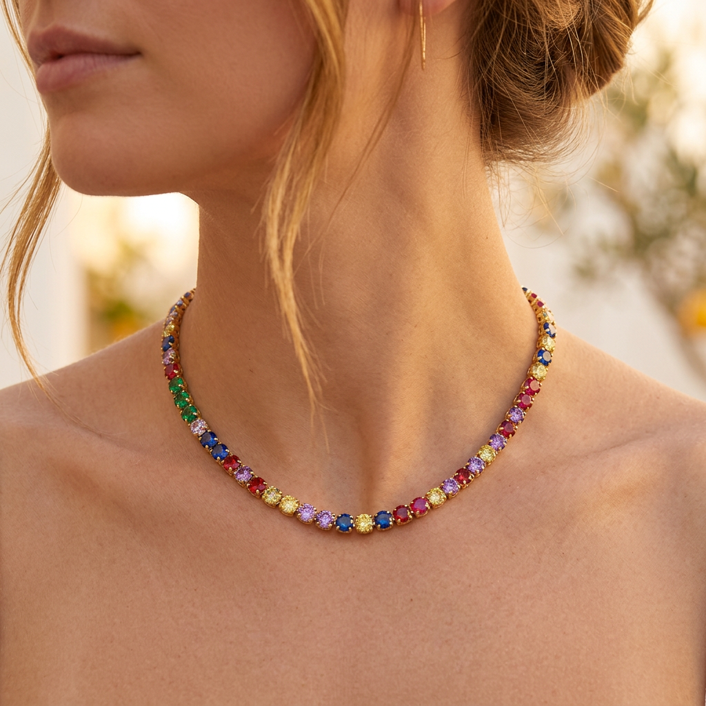 Rainbow Tennis Chain in Gold