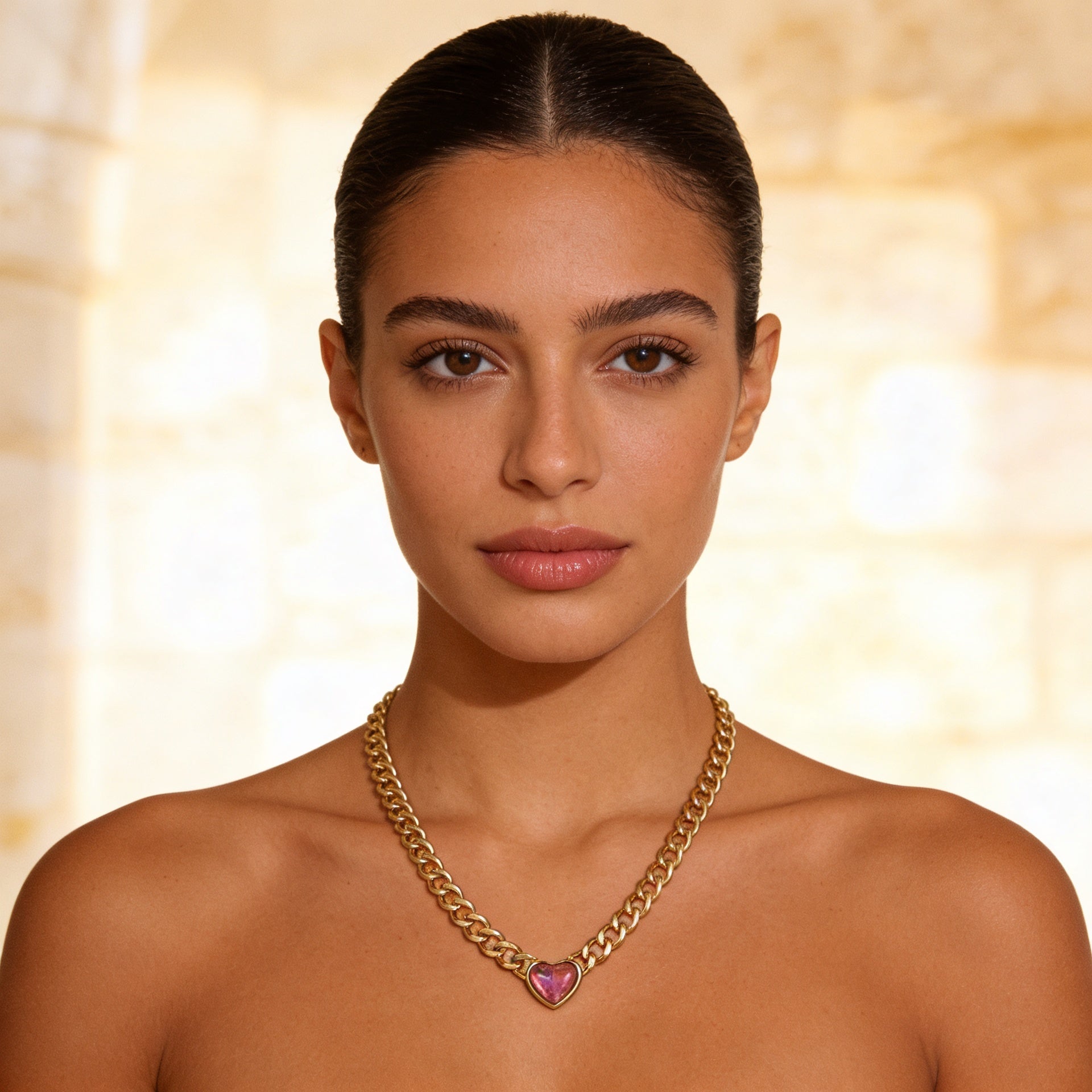 The Passion Necklace - Heart Shaped Pink Stone Pendant Gold Chain