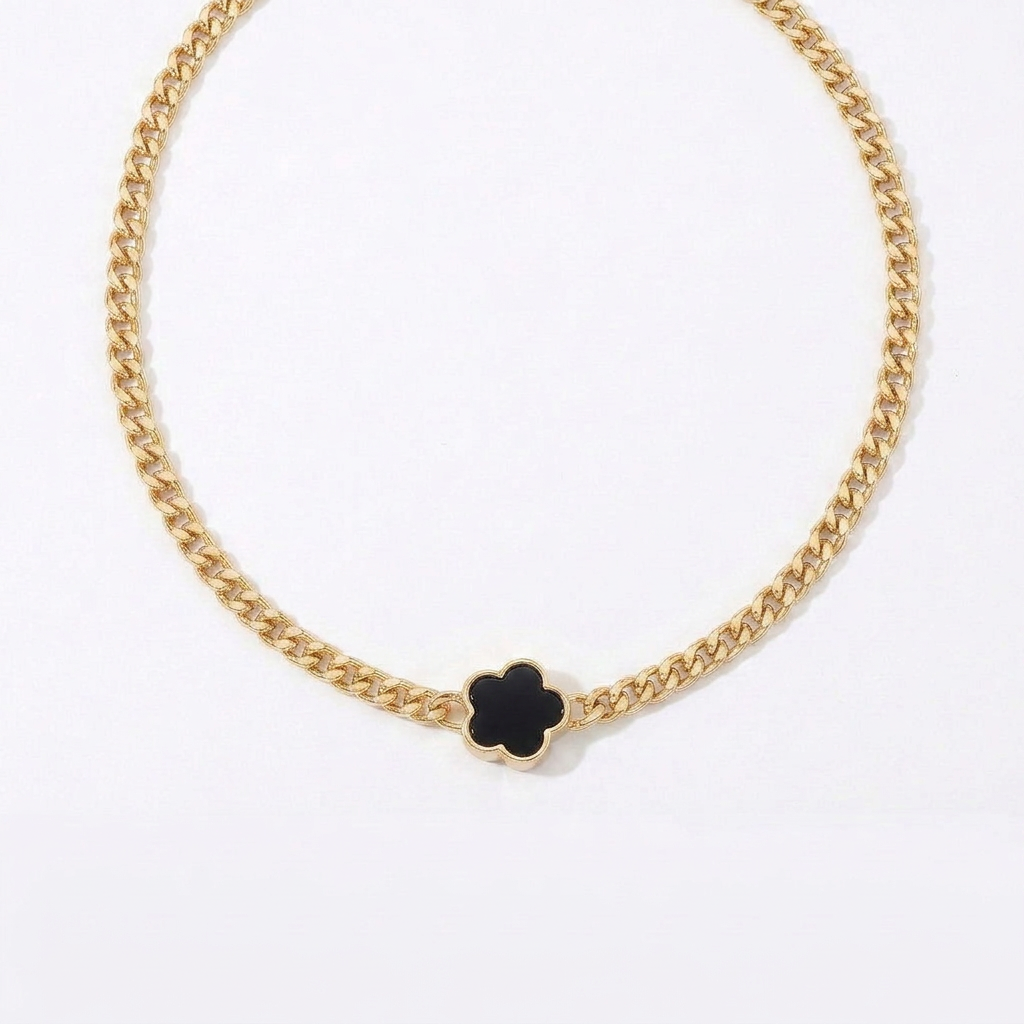 Black Forget Me Knot Flower Pendant in Gold