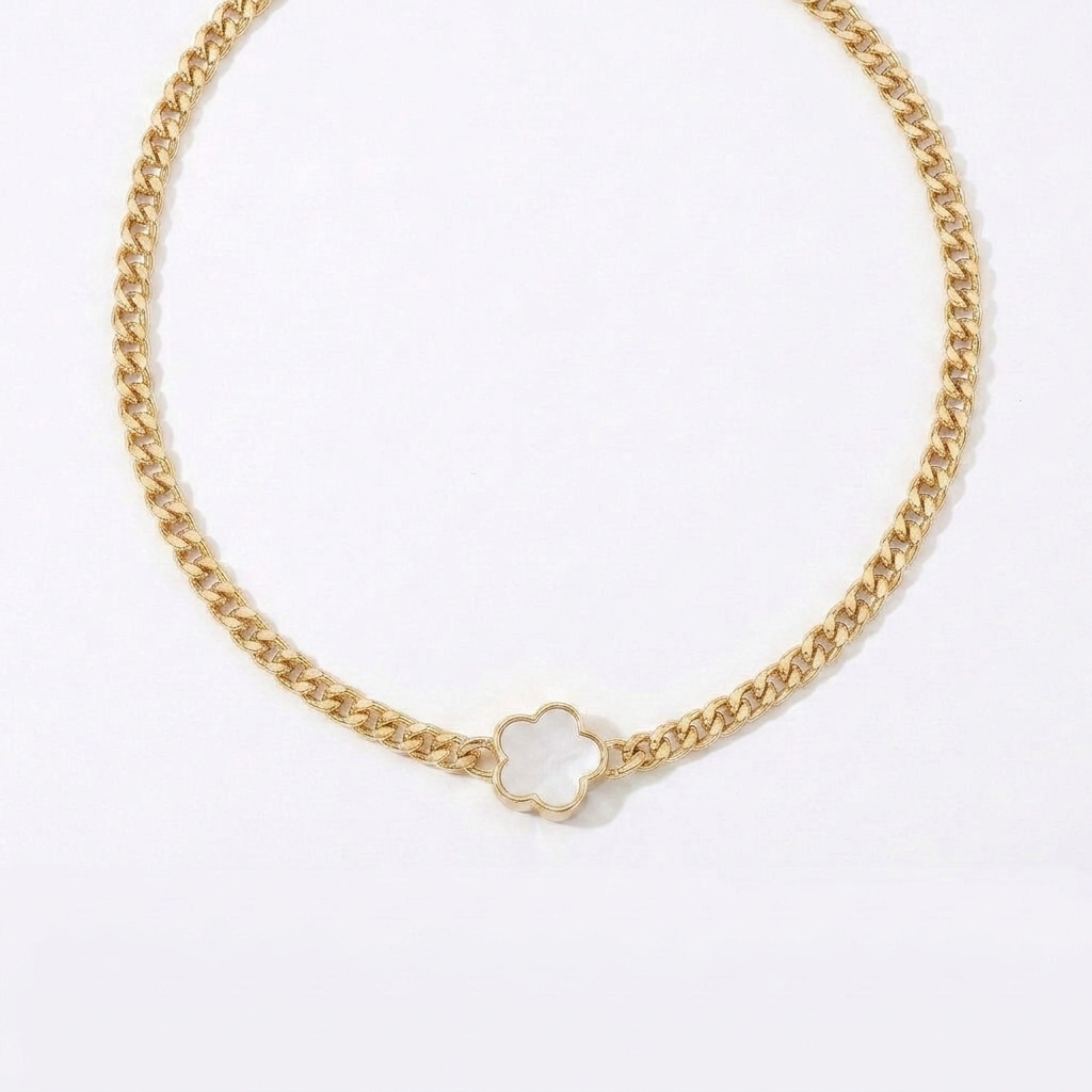 White Pearl Forget Me Knot Flower Pendant in Gold
