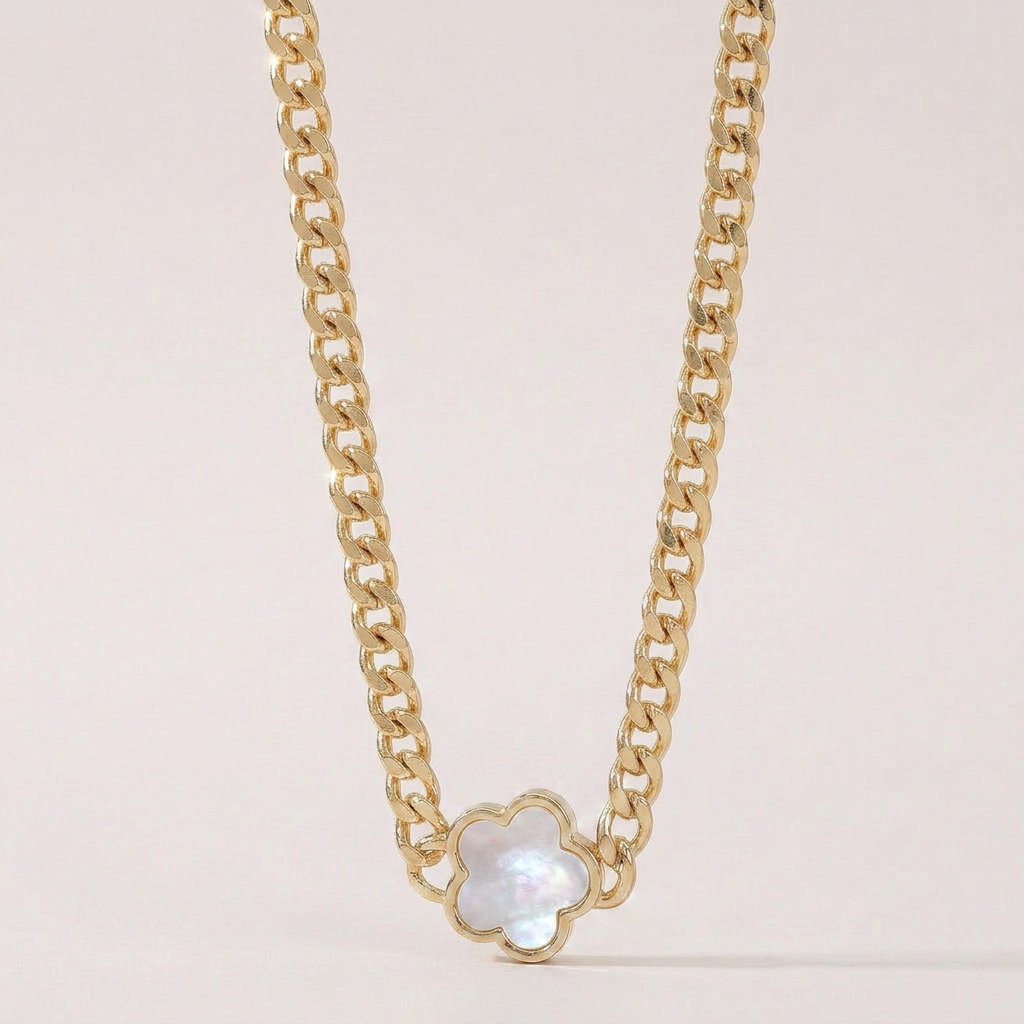 White Pearl Forget Me Knot Flower Pendant in Gold