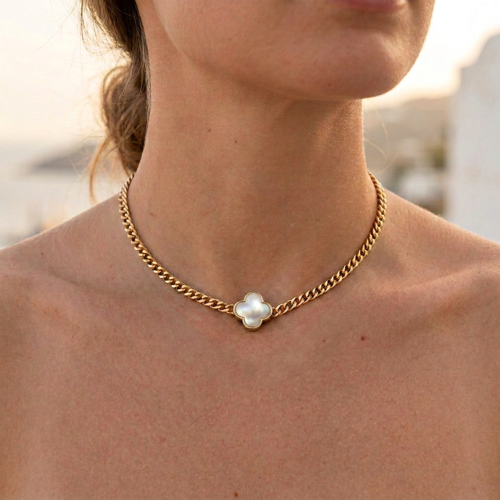 White Pearl Forget Me Knot Flower Pendant in Gold