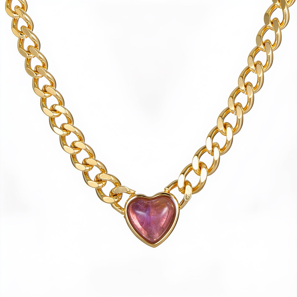 The Passion Necklace - Heart Shaped Pink Stone Pendant Gold Chain