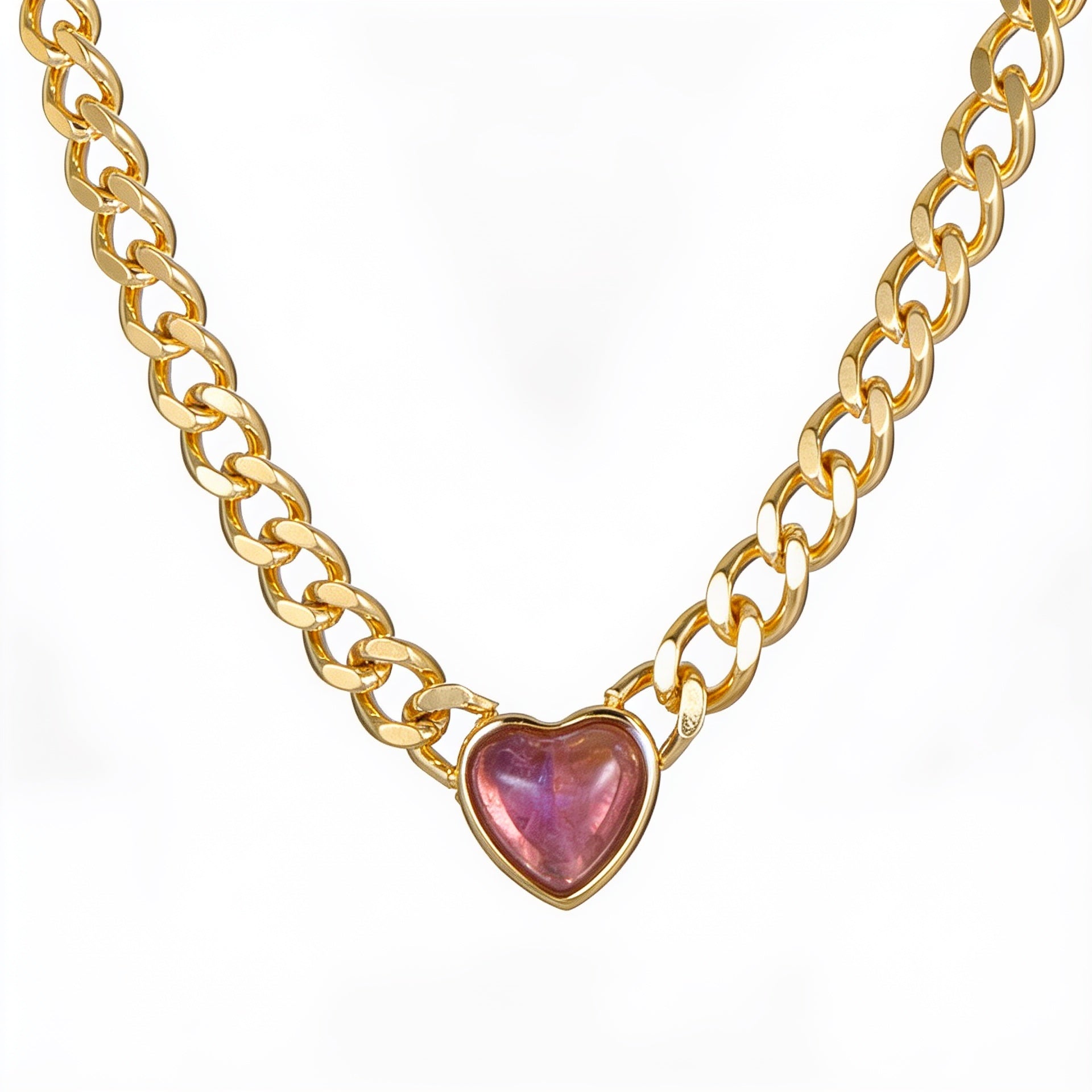 The Passion Necklace - Heart Shaped Pink Stone Pendant Gold Chain