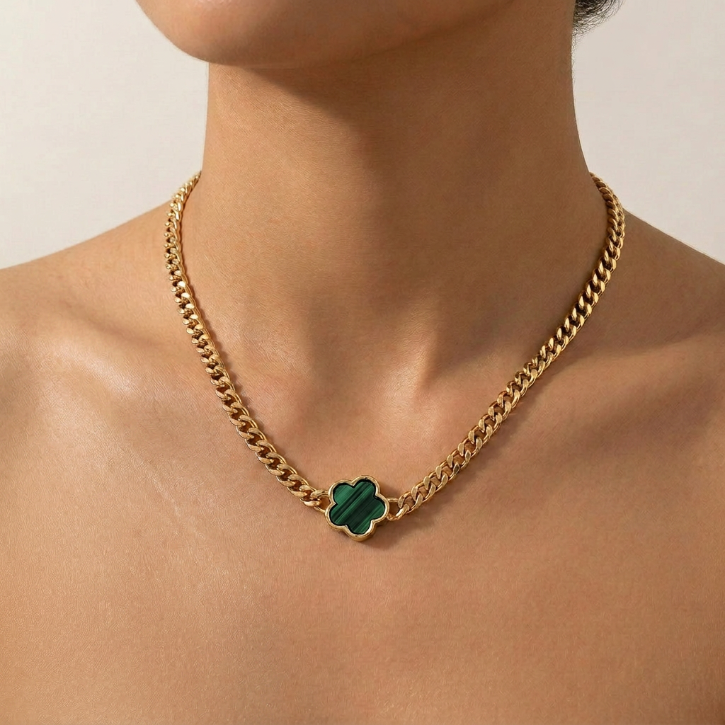 Green Forget Me Knot Flower Pendant in Gold