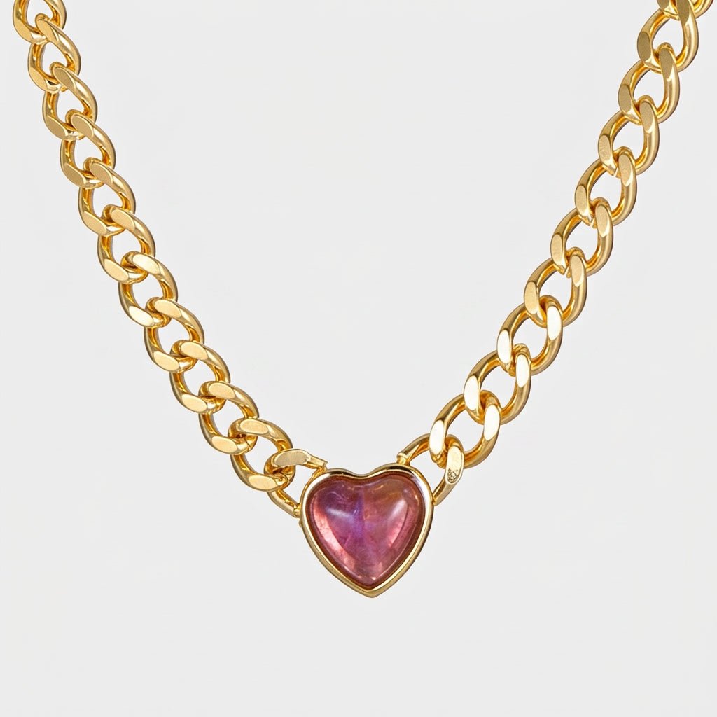 The Passion Necklace - Heart Shaped Pink Stone Pendant Gold Chain - Ellavore