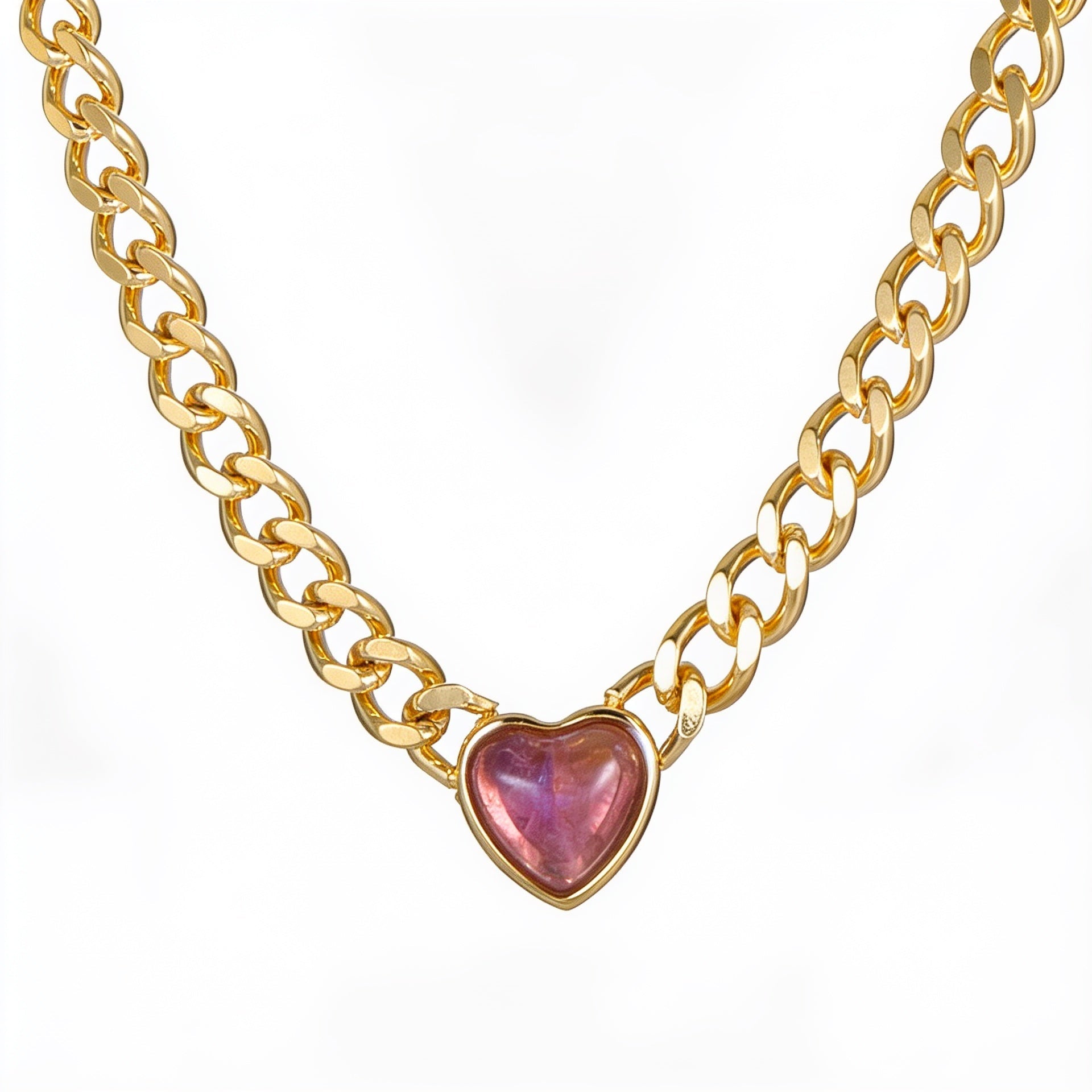 The Passion Necklace - Heart Shaped Pink Stone Pendant Gold Chain - Ellavore