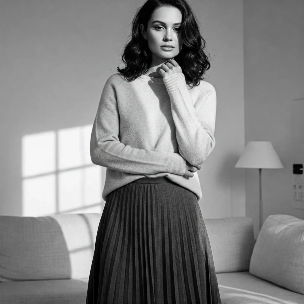 Cashmere Sweater & Pleated Skirt (Classy Women's Outfit)