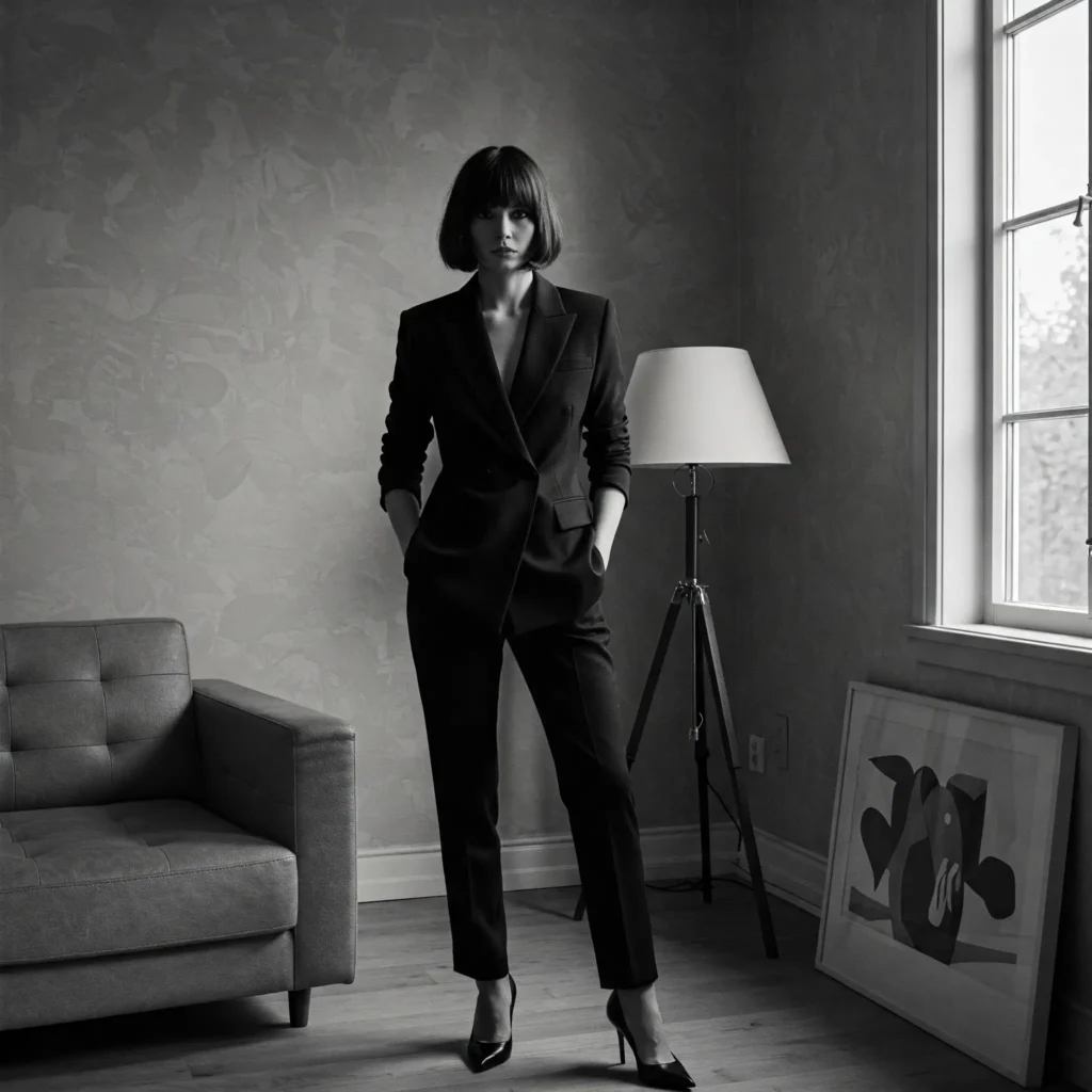  Classy black and white photo of a woman wearing a well-tailored pantsuit