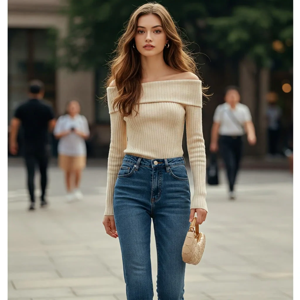 Off-Shoulder Knit & Straight-Leg Jeans  (Classy Women's Outfit)