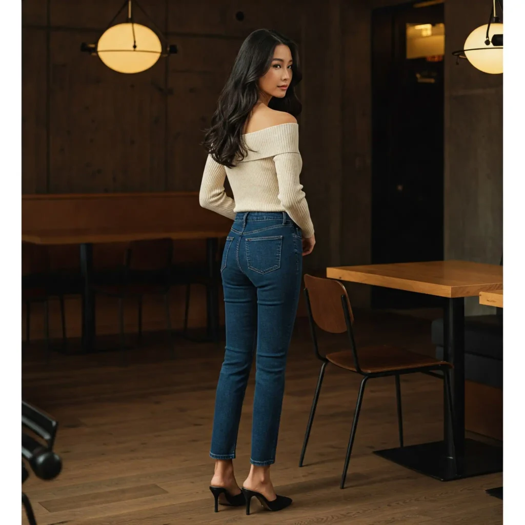 Off-Shoulder Knit & Straight-Leg Jeans  (Classy Women's Outfit)