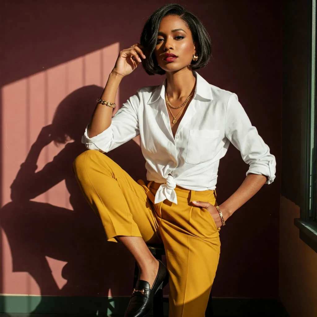 White Button-Down & High-Waisted Trousers ( classy womens outfit )