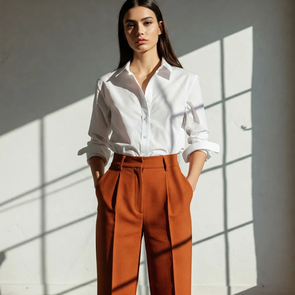 White Button-Down & High-Waisted Trousers ( classy womens outfit )