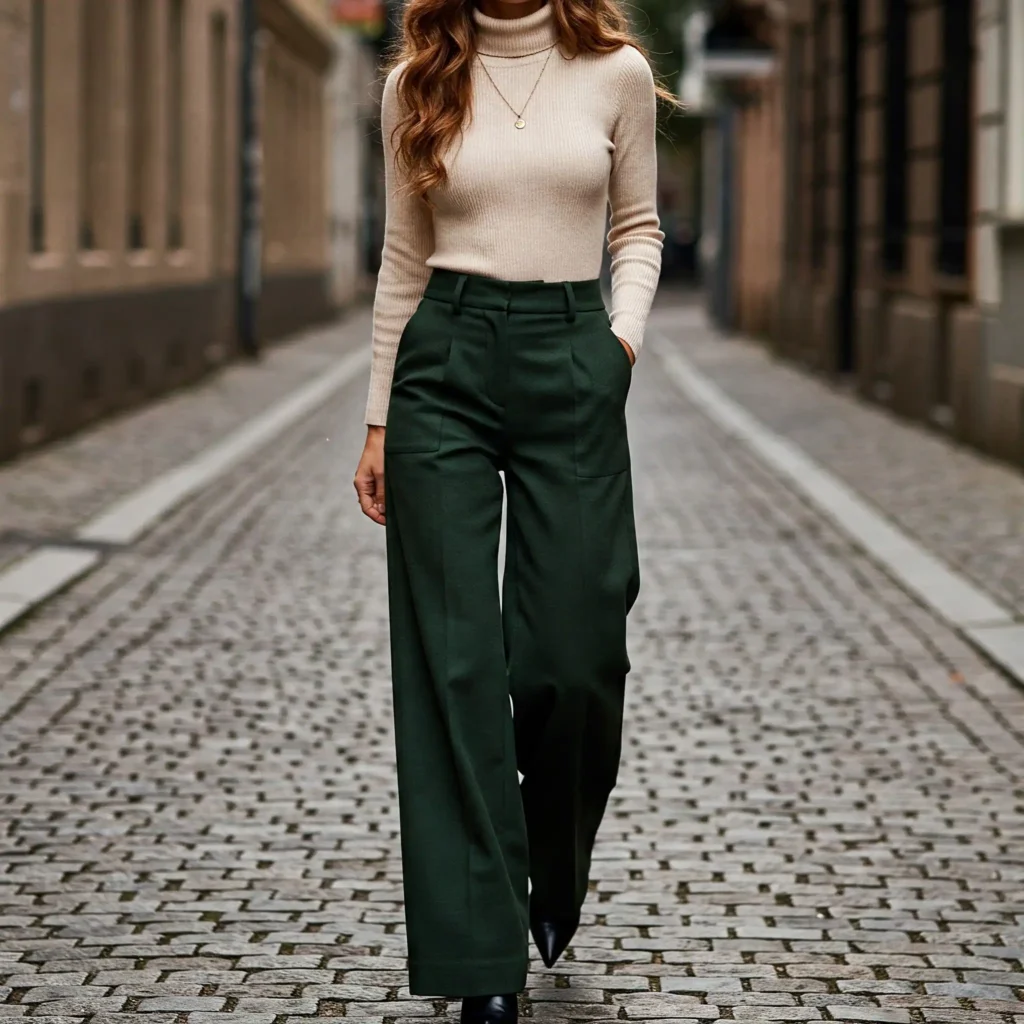 Wide-Leg Trousers & Turtleneck (Classy Women's Outfit)