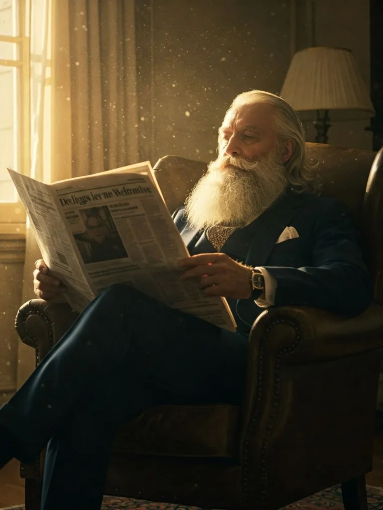 A sophisticated & rich old man sitting on luxurious chair reading newspaper elegantly
